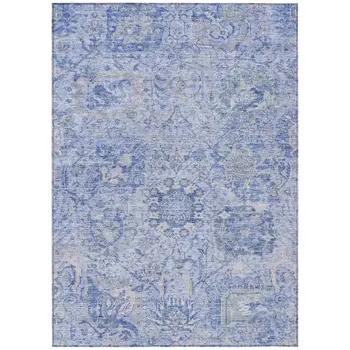 5' X 8' Sky Blue Ivory And Gray Damask Washable Indoor Outdoor Area Rug