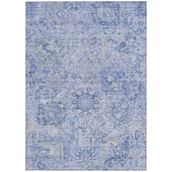 5' X 8' Sky Blue Ivory And Gray Damask Washable Indoor Outdoor Area Rug