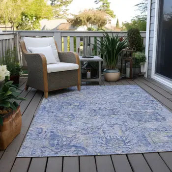5' X 8' Sky Blue Ivory And Gray Damask Washable Indoor Outdoor Area Rug
