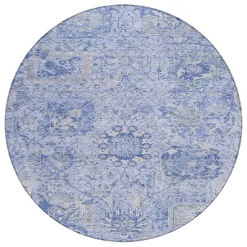 8' Sky Blue Ivory And Gray Round Damask Washable Indoor Outdoor Area Rug