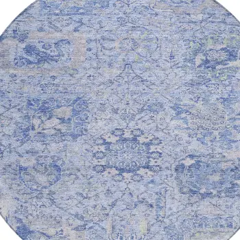 8' Sky Blue Ivory And Gray Round Damask Washable Indoor Outdoor Area Rug