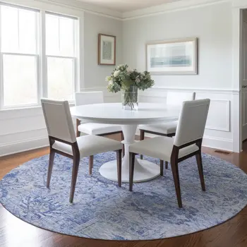8' Sky Blue Ivory And Gray Round Damask Washable Indoor Outdoor Area Rug