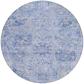 8' Sky Blue Ivory And Gray Round Damask Washable Indoor Outdoor Area Rug