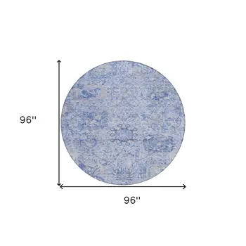 8' Sky Blue Ivory And Gray Round Damask Washable Indoor Outdoor Area Rug