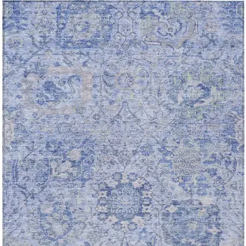 9' X 12' Sky Blue Ivory And Gray Damask Washable Indoor Outdoor Area Rug