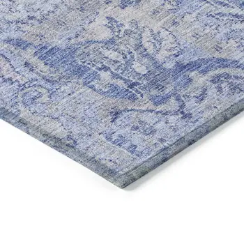 9' X 12' Sky Blue Ivory And Gray Damask Washable Indoor Outdoor Area Rug