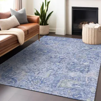 9' X 12' Sky Blue Ivory And Gray Damask Washable Indoor Outdoor Area Rug