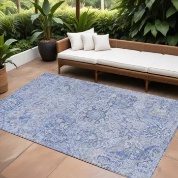 10' X 14' Sky Blue Ivory And Gray Damask Washable Indoor Outdoor Area Rug