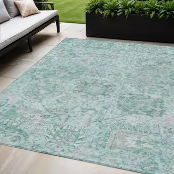 5' X 8' Teal Blue And Gray Damask Washable Indoor Outdoor Area Rug