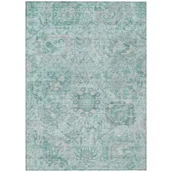 5' X 8' Teal Blue And Gray Damask Washable Indoor Outdoor Area Rug