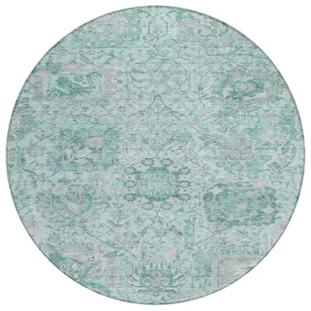 8' Teal Blue And Gray Round Damask Washable Indoor Outdoor Area Rug