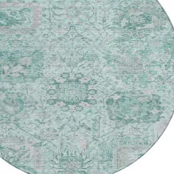 8' Teal Blue And Gray Round Damask Washable Indoor Outdoor Area Rug