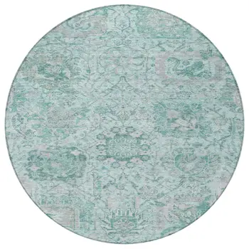 8' Teal Blue And Gray Round Damask Washable Indoor Outdoor Area Rug