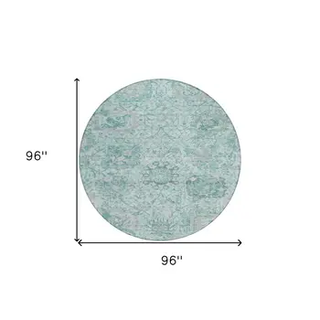 8' Teal Blue And Gray Round Damask Washable Indoor Outdoor Area Rug