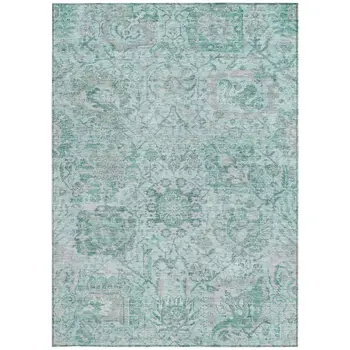 10' X 14' Teal Blue And Gray Damask Washable Indoor Outdoor Area Rug