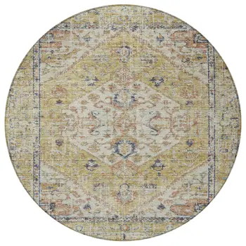 8' Wheat Terra Cotta And Black Round Oriental Washable Indoor Outdoor Area Rug