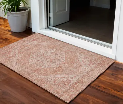 3' X 5' Coral And Pink Oriental Washable Indoor Outdoor Area Rug