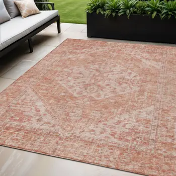 5' X 8' Coral And Pink Oriental Washable Indoor Outdoor Area Rug
