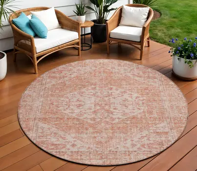 8' Coral And Pink Round Oriental Washable Indoor Outdoor Area Rug