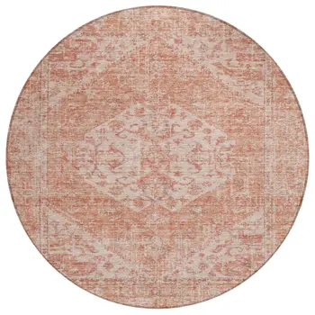 8' Coral And Pink Round Oriental Washable Indoor Outdoor Area Rug