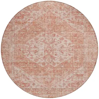 8' Coral And Pink Round Oriental Washable Indoor Outdoor Area Rug