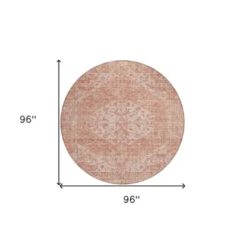 8' Coral And Pink Round Oriental Washable Indoor Outdoor Area Rug