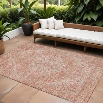 8' X 10' Coral And Pink Oriental Washable Indoor Outdoor Area Rug