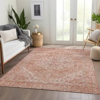 9' X 12' Coral And Pink Oriental Washable Indoor Outdoor Area Rug