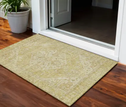 3' X 5' Gold Tan And Beige Oriental Washable Indoor Outdoor Area Rug