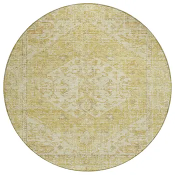 8' Gold Tan And Beige Round Oriental Washable Indoor Outdoor Area Rug
