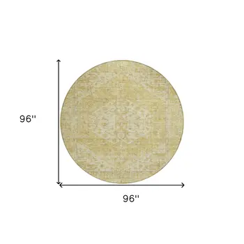 8' Gold Tan And Beige Round Oriental Washable Indoor Outdoor Area Rug