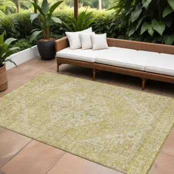 10' X 14' Gold Tan And Beige Oriental Washable Indoor Outdoor Area Rug