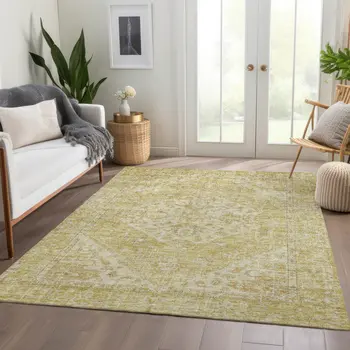 10' X 14' Gold Tan And Beige Oriental Washable Indoor Outdoor Area Rug