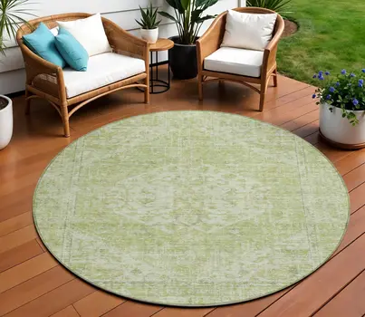 8' Sage And Ivory Round Oriental Washable Indoor Outdoor Area Rug