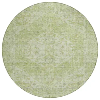 8' Sage And Ivory Round Oriental Washable Indoor Outdoor Area Rug