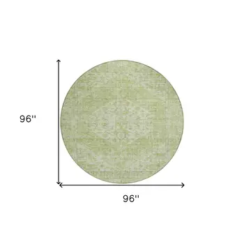 8' Sage And Ivory Round Oriental Washable Indoor Outdoor Area Rug