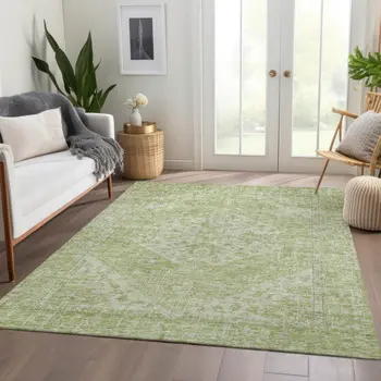 9' X 12' Sage And Ivory Oriental Washable Indoor Outdoor Area Rug