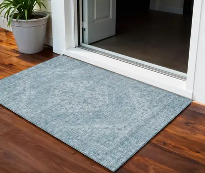 3' X 5' Sky Blue And Ivory Oriental Washable Indoor Outdoor Area Rug