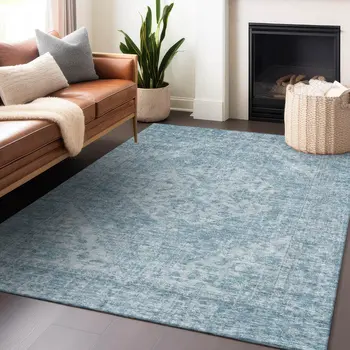 5' X 8' Sky Blue And Ivory Oriental Washable Indoor Outdoor Area Rug