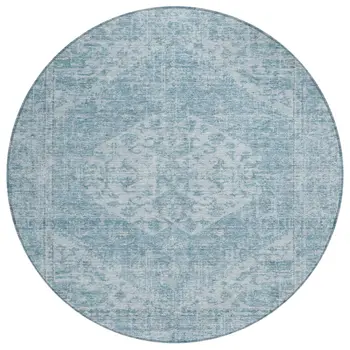 8' Sky Blue And Ivory Round Oriental Washable Indoor Outdoor Area Rug