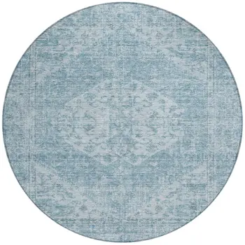 8' Sky Blue And Ivory Round Oriental Washable Indoor Outdoor Area Rug