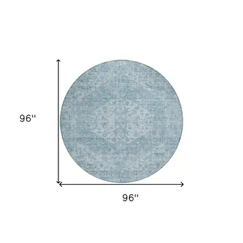 8' Sky Blue And Ivory Round Oriental Washable Indoor Outdoor Area Rug