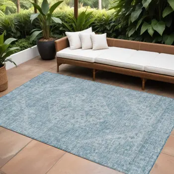 8' X 10' Sky Blue And Ivory Oriental Washable Indoor Outdoor Area Rug