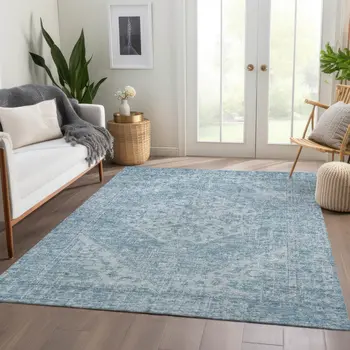 8' X 10' Sky Blue And Ivory Oriental Washable Indoor Outdoor Area Rug