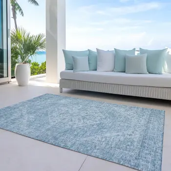 10' X 14' Sky Blue And Ivory Oriental Washable Indoor Outdoor Area Rug