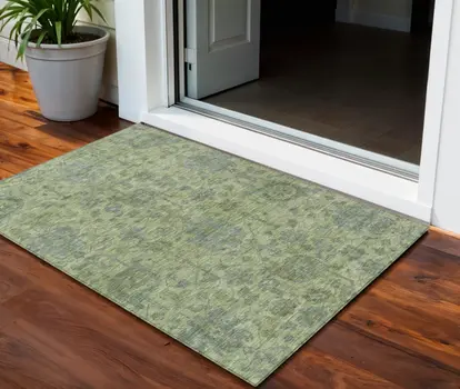 3' X 5' Artichoke Green And Gray Damask Washable Indoor Outdoor Area Rug