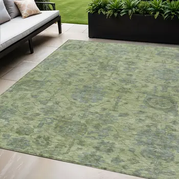 5' X 8' Artichoke Green And Gray Damask Washable Indoor Outdoor Area Rug
