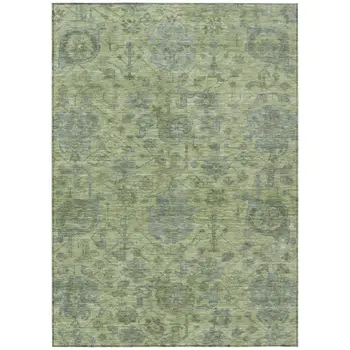 5' X 8' Artichoke Green And Gray Damask Washable Indoor Outdoor Area Rug
