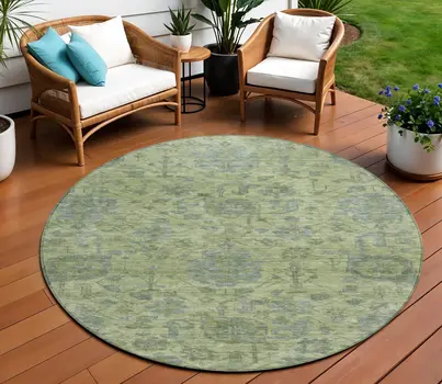 8' Artichoke Green And Gray Round Damask Washable Indoor Outdoor Area Rug