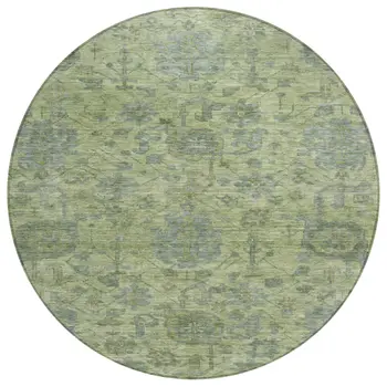 8' Artichoke Green And Gray Round Damask Washable Indoor Outdoor Area Rug